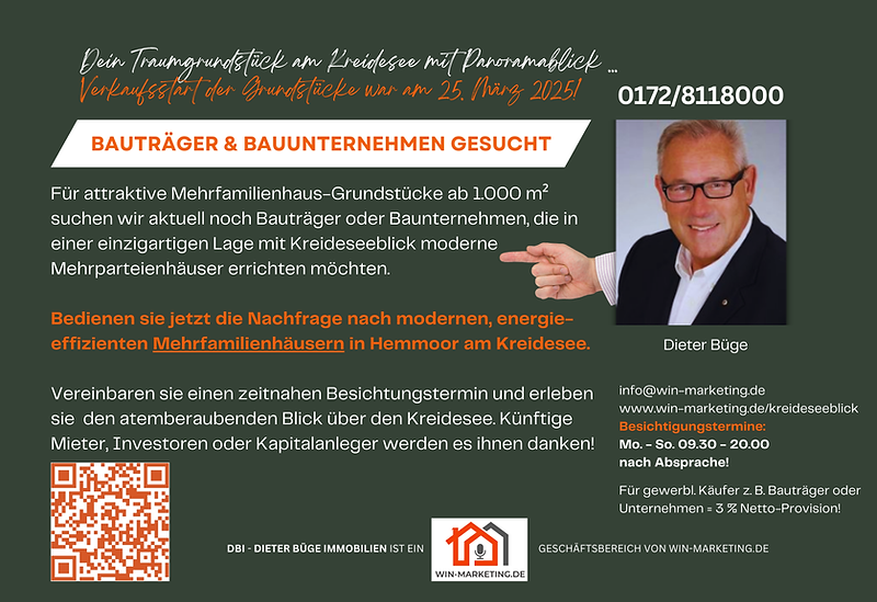 Bauträger und Bauunternehmen gesucht, die oberhalb des Kreidesees Mehrfamilienhäuser errichten möchten.